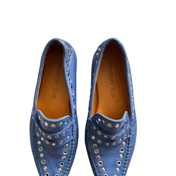 ROBERT ZUR Blue Leather Silver Studded Flats Loafers Size 5.5 - Picture 5 of 7